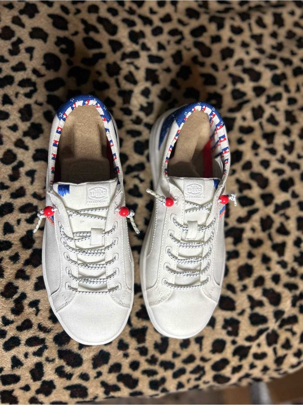 Hey Dude Women's White Sneakers with Red Bead and Blue Trim